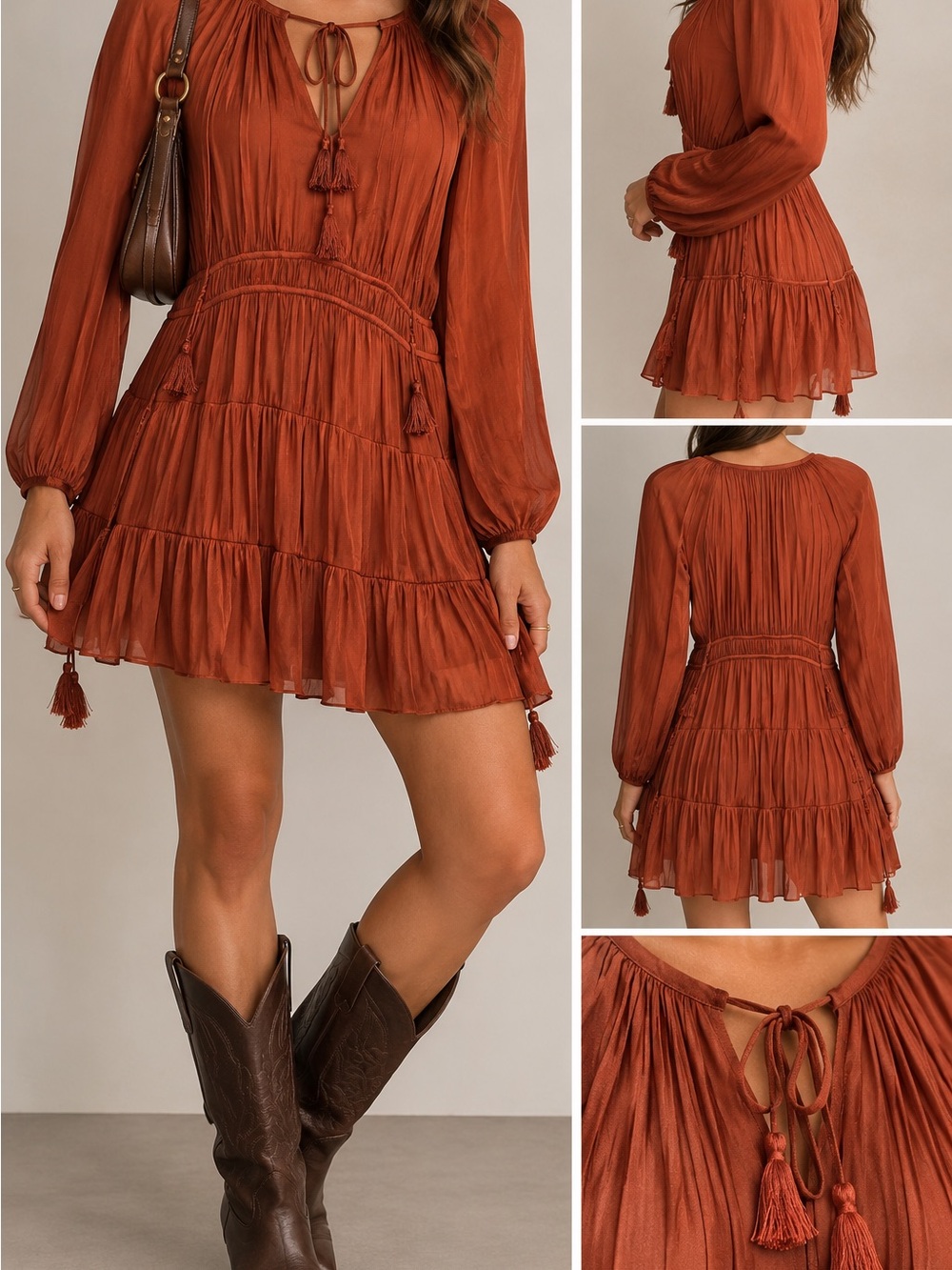 MINKPINK Rust Orange Tassel Tie Boho Mini Dress Size L